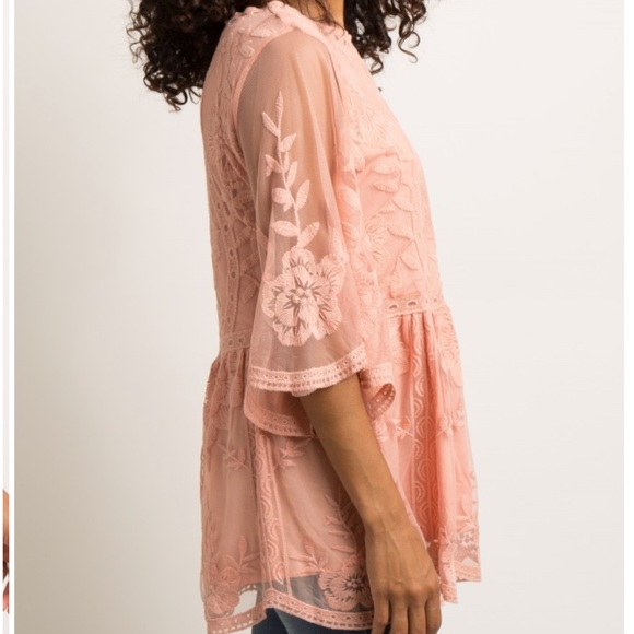 Pink Scalloped Embroidered Mesh Top NWT - Picture 2 of 4